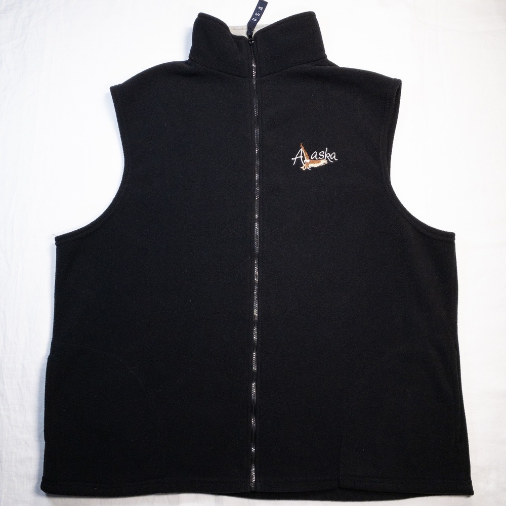Vintage Alaska Eagle Fleece Vest Mens XXL Black Full Zip Made in USA Souvenir